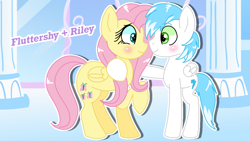 Size: 1280x720 | Tagged: safe, artist:mlpcartel, fluttershy, oc, oc:riley, pegasus, pony, g4, canon x oc, cloudsdale, cute, female, hug, mare, pink mane, pink tail, shipping, tail, wholesome, wings, yellow coat