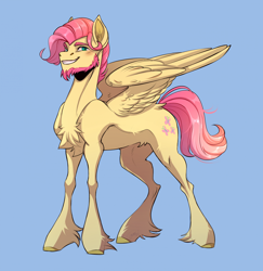 Size: 1894x1945 | Tagged: safe, artist:1an1, fluttershy, pegasus, pony, g4, butterscotch, chest fluff, ears, facial hair, feathered wings, fetlock tuft, goatee, looking at you, male, pegasus wings, redraw, rule 63, short mane, smiling, solo, sternocleidomastoid, tail, thin legs, wings