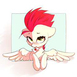 Size: 3000x3000 | Tagged: safe, artist:o0o-bittersweet-o0o, oc, oc:bittersweet, pegasus, pony, blushing, chest fluff, colored, digital art, doodle, ear fluff, eyebrows, female, floppy ears, heart, high res, hooves to the chest, looking at you, looking up, mare, mouth hold, paper, raised eyebrow, sketch, smiling, solo, spread wings, wings