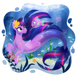 Size: 2160x2160 | Tagged: safe, artist:bluefeathercat, spike, twilight sparkle, alicorn, fish, jellyfish, merpony, pony, puffer fish, seapony (g4), starfish, g4, bubble, clothes, coral, crepuscular rays, curved horn, cute, digital art, female, fin wings, fins, fish tail, flower, flower in hair, flowing mane, flowing tail, green eyes, happy, high res, horn, logo, looking at each other, looking at someone, male, mare, mermay, ocean, open mouth, open smile, purple eyes, seaponified, seapony twilight, seaweed, see-through, smiling, smiling at each other, species swap, spike the pufferfish, sunlight, swimming, tail, teeth, twilight sparkle (alicorn), underwater, water, watermark, wings