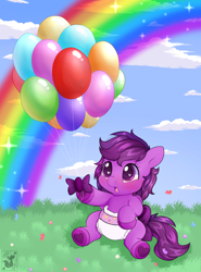 Size: 2160x2920 | Tagged: safe, artist:kitsu shy, oc, oc only, oc:emilia starsong, butterfly, pony, baby, baby pony, balloon, blue sky, blushing, bow, cloud, colored hooves, colorful, diaper, female, filly, flower, foal, grass, grass field, high res, hoof heart, open mouth, rainbow, ribbon, solo, sparkles, tail, tail bow, underhoof