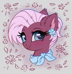 Size: 1508x1561 | Tagged: safe, artist:confetticakez, jasmine leaf, earth pony, pony, g4, abstract background, bust, chromatic aberration, cute, ear fluff, female, flower, flower in hair, jasminebetes, looking at you, mare, pumkinroll is trying to murder us, smiling, smiling at you, solo