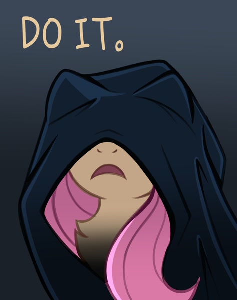 Size: 2404x3049 | Tagged: safe, artist:confetticakez, fluttershy, pegasus, pony, g4, bust, cloak, clothes, covered eyes, crossover, darth sidious, do it, emperor palpatine, featured image, female, gradient background, high res, mare, meme, open mouth, solo, star wars