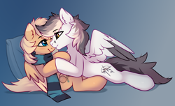 Size: 2880x1756 | Tagged: safe, artist:taneysha, oc, oc only, oc:keji, oc:mirta whoowlms, pegasus, pony, clothes, couple, female, gradient background, high res, kejitash, looking at each other, looking at someone, male, mare, oc x oc, pegasus oc, scarf, shipping, smiling, smiling at each other, stallion, straight, striped scarf