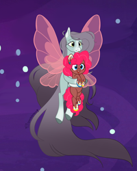 Size: 3000x3746 | Tagged: safe, artist:spookierdeer, fluttershy, pinkie pie, earth pony, flutter pony, pony, g4, alternate design, bucktooth, coat markings, female, high res, holding a pony, lesbian, mare, night, race swap, ship:flutterpie, shipping, size difference, stars