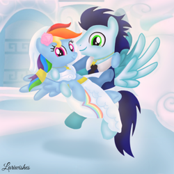 Size: 1400x1400 | Tagged: safe, artist:mlplary6, rainbow dash, soarin', pegasus, pony, g4, bridal carry, bride, carrying, clothes, dress, duo, female, flower, flower in hair, flying, groom, husband and wife, just married, looking at each other, looking at someone, looking at you, male, mare, marriage, married couple, rainbow dash's house, romantic, ship:soarindash, shipping, smiling, smiling at you, stallion, straight