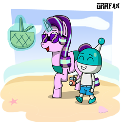 Size: 2000x2000 | Tagged: safe, artist:gradiusfanatic, starlight glimmer, oc, oc:bx-8, pony, robot, unicorn, g4, beach, bikini, clothes, female, high res, male, summer, swimsuit