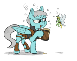 Size: 1646x1313 | Tagged: safe, artist:sprontr, oc, oc only, oc:edelweiss the seeker, oc:silver lining, breezie, pegasus, pony, alcohol, armor, bag, beer, drunk, drunk bubbles, duo, fantasy class, female, messenger bag, mug, rogue, simple background, white background