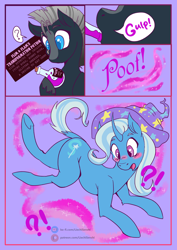 Size: 3508x4960 | Tagged: safe, artist:liechisenshi, trixie, oc, oc:platinum shadow, pegasus, pony, unicorn, g4, blushing, character to character, exclamation point, female, hat, interrobang, male, male to female, mare, open mouth, poof, potion, question mark, stallion, transformation, transgender transformation