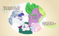 Size: 2286x1400 | Tagged: safe, artist:miyalaflordorada, rarity, spike, oc, oc:darling miracle gem, oc:diamond, dracony, dragon, hybrid, pony, unicorn, g4, baby, crying, family, female, filly, foal, half-siblings, interspecies offspring, male, mare, offspring, older, older spike, parent:rarity, parent:spike, parent:unnamed oc, parents:canon x oc, parents:sparity, tears of joy, text