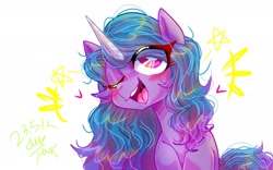 Size: 1920x1200 | Tagged: safe, alternate version, artist:jully-park, izzy moonbow, pony, unicorn, g5, blushing, female, horn, mare, one eye closed, open mouth, simple background, smiling, solo, white background, wink