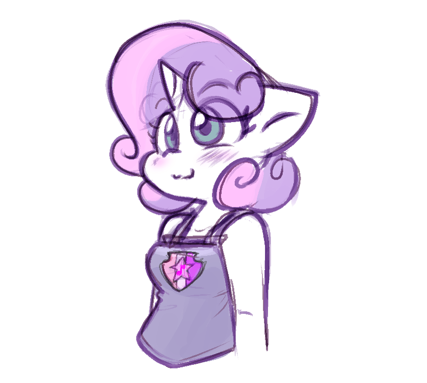[:3,anthro,artist:zutcha,blushing,cute,eyebrows,female,mare,safe,simple background,sketch,solo,sweetie belle,unicorn,white background,diasweetes,eye clipping through hair,eyebrows visible through hair]