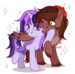 Size: 2949x2905 | Tagged: safe, artist:cursed soul, oc, oc only, oc:autumn rosewood, oc:dreaming bell, pegasus, pony, unicorn, beret, chest fluff, commission, cuddling, duo, female, happy, hat, high res, horn, hug, male, mare, pegasus oc, simple background, smiling, stallion, two toned coat, unicorn oc, unshorn fetlocks, white background, winghug, wings, ych result