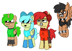 Size: 1633x1153 | Tagged: safe, artist:eddsworldx209, alicorn, earth pony, pegasus, pony, a, alphabet lore, bow, bowtie, choker, clothes, d, f, female, flying, group, headphones, i, male, mare, no more ponies at source, open mouth, pants, ponified, rule 63, rule 85, sharp teeth, shirt, simple background, skirt, socks, spiked choker, spiked wristband, stallion, teeth, transparent background, wings, wristband