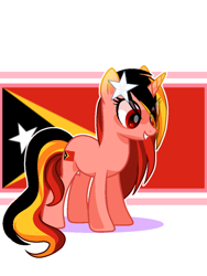 Size: 720x960 | Tagged: safe, artist:diniarvegafinahar, pony, unicorn, east timor, eye clipping through hair, female, flag, mare, nation ponies, ponified, simple background, smiling, solo, stars, timor-leste, white background