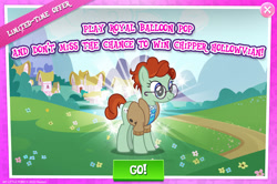 Size: 1959x1298 | Tagged: safe, gameloft, quiet time, earth pony, pony, g4, my little pony: magic princess, advertisement, balloon pop, clothes, english, female, glasses, mare, mobile game, solo, text