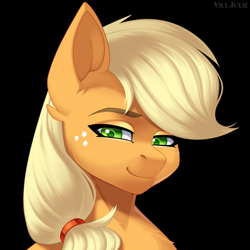 Size: 1024x1024 | Tagged: safe, artist:villjulie, applejack, earth pony, pony, g4, black background, bust, ear cleavage, female, lidded eyes, looking at you, mare, portrait, simple background, smiling, solo