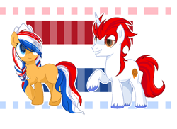Size: 960x697 | Tagged: safe, artist:diniarvegafinahar, oc, oc:ember (hwcon), oc:stroopwafeltje, earth pony, pony, unicorn, duo, eye clipping through hair, female, flag, male, mare, nation ponies, netherlands, ponified, simple background, smiling, stallion, unshorn fetlocks, white background
