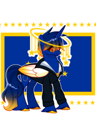 Size: 720x960 | Tagged: safe, artist:diniarvegafinahar, alicorn, pony, clothes, colored wings, european union, eye clipping through hair, flag, gradient mane, gradient tail, gradient wings, halo, jewelry, male, nation ponies, necklace, ponified, simple background, stallion, stars, tail, tuxedo, unshorn fetlocks, white background, wings