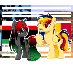 Size: 640x583 | Tagged: safe, artist:diniarvegafinahar, alicorn, pegasus, pony, chad (country), colored wings, duo, eye clipping through hair, female, flag, gradient mane, gradient tail, heterochromia, libya, lidded eyes, male, mare, multicolored wings, nation ponies, open mouth, ponified, raised hoof, simple background, stallion, tail, white background, wings