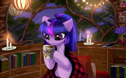Size: 3782x2340 | Tagged: safe, artist:empress-twilight, twilight sparkle, pony, unicorn, g4, blanket, book, bookshelf, candle, clock, coffee, drinking, eye clipping through hair, eyebrows, eyebrows visible through hair, eyelashes, feather, female, flower, high res, holding, horn, indoors, lantern, mare, mug, night, notebook, picture frame, pillow, ponytail, quill, sky, solo, tongue out, tree, unicorn twilight, unshorn fetlocks, vase, window