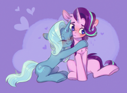 Size: 1900x1380 | Tagged: safe, artist:ls_skylight, starlight glimmer, trixie, pony, unicorn, g4, blushing, chest fluff, cute, daaaaaaaaaaaw, duo, duo female, eye clipping through hair, eyebrows, eyebrows visible through hair, eyes closed, female, heart, horn, hug, lesbian, mare, purple background, ship:startrix, shipping, simple background, sitting, sketch, smiling