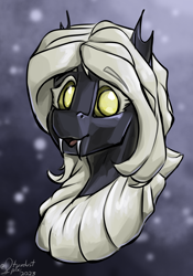 Size: 2800x4000 | Tagged: safe, artist:stardustspix, oc, oc:io, changeling, moth, mothling, original species, abstract background, bust, changeling oc, colored eyebrows, colored eyelashes, eyebrows, eyebrows visible through hair, fangs, female, looking at you, open mouth, portrait, solo, transgender, transgender oc, yellow changeling, yellow eyes, yellow mane