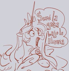 Size: 307x315 | Tagged: safe, artist:coypuppy, princess celestia, alicorn, pony, g4, la gata bajo la lluvia, lineart, microphone, rocio durcal, simple background, singing, sketch, solo, song reference, spanish, speech bubble, white background
