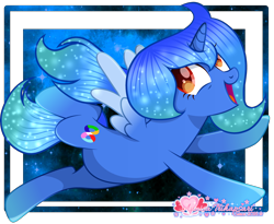 Size: 4050x3313 | Tagged: safe, artist:misscupcake333, artist:muhammad yunus, oc, oc only, oc:viola margaretha, alicorn, pony, g4, base used, cute, female, flying, galaxy, happy, mare, ocbetes, open mouth, open smile, simple background, smiling, solo, transparent background, vector