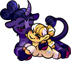 Size: 1547x1314 | Tagged: safe, artist:sexygoatgod, oc, oc only, oc:blacklight bulb, oc:lemon cheesecake, earth pony, pony, unicorn, chibi, cuddling, curved horn, duo, eyes closed, female, horn, leonine tail, simple background, size difference, tail, transparent background