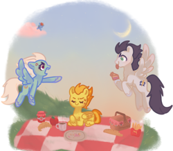 Size: 850x746 | Tagged: safe, artist:amaeeart, fleetfoot, rainbow dash, soarin', spitfire, pegasus, pony, g4, annoyed, apple, bread, croissant, cross-popping veins, emanata, female, food, french fries, jam, male, mare, mcdonald's, moon, picnic, picnic blanket, pie, stallion, strawberry, that pony sure does love pies, tongue out, trio focus, wings