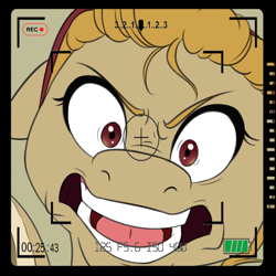 Size: 2000x2000 | Tagged: safe, artist:floots, oc, oc:bowel grinder, oc:gear shift, earth pony, pony, angry, bandana, camera, high res, offscreen character, pov, recording, solo, split personality