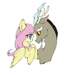 Size: 903x974 | Tagged: safe, artist:miomawla, discord, fluttershy, draconequus, pegasus, pony, g4, bust, duo, eye contact, female, looking at each other, looking at someone, male, profile, ship:discoshy, shipping, simple background, smiling, straight, white background, wings