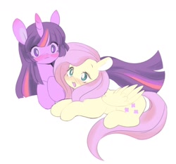Size: 1178x1098 | Tagged: safe, artist:horseyuris, fluttershy, twilight sparkle, ambiguous race, pegasus, pony, unicorn, g4, :3, blushing, colored pinnae, cuddling, cute, duo, duo female, ear blush, female, floppy ears, horn, horn blush, lesbian, looking at each other, looking at someone, lying down, mare, open mouth, open smile, prone, ship:twishy, shipping, shyabetes, simple background, smiling, twiabetes, unicorn twilight, white background