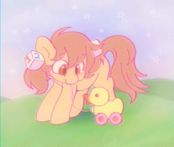 Size: 1000x844 | Tagged: safe, artist:horseyuris, oc, oc only, earth pony, pony, cute, duckroll, female, filly, foal, solo, toy