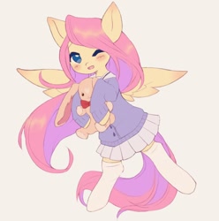 Size: 1452x1462 | Tagged: safe, artist:horseyuris, fluttershy, pegasus, pony, g4, bipedal, blushing, clothes, cute, ear blush, hoof hold, jacket, kneesocks, one eye closed, open mouth, open smile, plushie, shyabetes, simple background, skirt, smiling, socks, solo, spread wings, standing, standing on one leg, wings, yellow background