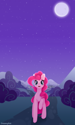 Size: 800x1332 | Tagged: safe, alternate version, artist:dreamyrat, pinkie pie, earth pony, pony, g4, evening, female, looking at someone, looking at you, mare, moon, mountain, open mouth, raised hoof, solo, stars, surprised, village