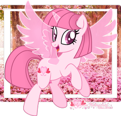 Size: 1497x1435 | Tagged: safe, artist:muhammad yunus, artist:queenzodiac, oc, oc only, oc:annisa trihapsari, alicorn, earth pony, pony, g4, base used, cherry blossoms, cute, earth pony oc, female, flower, flower blossom, looking at you, magic, mare, ocbetes, open mouth, open smile, real life background, smiling, smiling at you, solo, watermark