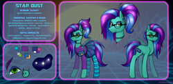 Size: 3067x1494 | Tagged: safe, alternate version, artist:kirasunnight, oc, oc only, oc:star dust, pegasus, pony, bag, belt, blouse, blue background, blue eyeshadow, blue mane, blue socks, blue tail, choker, clothes, color palette, commission, crossdressing, cyrillic, ear piercing, earring, eyelashes, eyeliner, eyeshadow, femboy, folded wings, glasses, green eyes, handbag, jewelry, long mane, long mane male, long tail, makeup, male, pegasus oc, piercing, ponytail, purple mane, purple tail, purse, reference sheet, russian, simple background, skirt, socks, solo, standing, stockings, striped socks, tail, teal socks, teal wings, text, thigh highs, transparent wings, two toned mane, two toned tail, wings, yellow background
