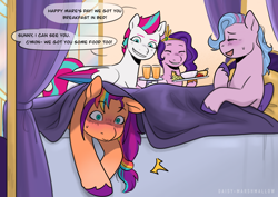 Size: 4132x2919 | Tagged: safe, artist:daisy_marshmallow, pipp petals, queen haven, sunny starscout, zipp storm, earth pony, pegasus, pony, g5, bed, blushing, breakfast, breakfast in bed, dialogue, female, food, grin, implied sex, juice, lesbian, mane stripe sunny, messy mane, nervous sweat, orange juice, royal sisters (g5), ship:sunnyhaven, shipping, siblings, sisters, smiling, sneaking, surprised