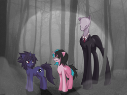 Size: 4000x3000 | Tagged: safe, artist:sleepymist, oc, oc:mist avalon, pony, unicorn, creepypasta, forest, slenderman, slenderpony, trio