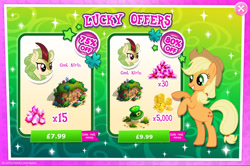 Size: 1960x1301 | Tagged: safe, gameloft, applejack, spring glow, earth pony, kirin, pony, g4, my little pony: magic princess, advertisement, applejack's hat, bush, coin, costs real money, cowboy hat, english, female, gem, hat, horn, mare, mobile game, numbers, sale, text