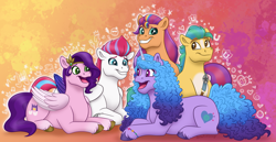 Size: 3872x1991 | Tagged: safe, artist:bella-pink-savage, hitch trailblazer, izzy moonbow, pipp petals, sunny starscout, zipp storm, earth pony, pegasus, pony, unicorn, g5, abstract background, blaze (coat marking), bracelet, coat markings, diadem, facial markings, female, friendship bracelet, grin, group, jewelry, looking at each other, looking at someone, looking at you, male, mane five, mane stripe sunny, mare, open mouth, open smile, pale belly, quintet, redraw, sash, sheriff's badge, smiling, socks (coat markings), stallion, unshorn fetlocks