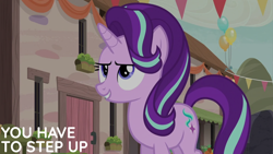 Size: 2000x1125 | Tagged: safe, edit, edited screencap, editor:quoterific, screencap, starlight glimmer, pony, unicorn, g4, to where and back again, balloon, female, mare, our town, solo