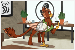 Size: 1772x1181 | Tagged: safe, artist:inuhoshi-to-darkpen, oc, oc only, oc:pavlos, griffon, broken bone, broken wing, cast, chest fluff, coffee, coffee shop, colored wings, eared griffon, folded wings, griffon oc, happy, indoors, injured, plant, sling, solo, wings