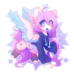 Size: 2048x2048 | Tagged: safe, artist:strawberryc208, oc, oc only, oc:strawberryc-208, pegasus, pony, beanbrows, clothes, colored wings, cute, eye clipping through hair, eyebrows, eyebrows visible through hair, female, high res, hoodie, looking at you, mare, ocbetes, open mouth, pegasus oc, signature, simple background, socks, solo, spread wings, starry eyes, stars, white background, wingding eyes, wings