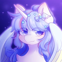 Size: 2048x2048 | Tagged: safe, artist:strawberryc208, oc, oc only, alicorn, pony, alicorn oc, bow, eye clipping through hair, eyebrows, eyebrows visible through hair, female, hair bow, high res, horn, looking at you, mare, partially open wings, signature, smiling, smiling at you, solo, wings