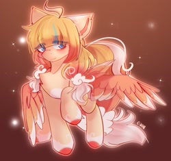 Size: 1776x1670 | Tagged: safe, artist:strawberryc208, oc, oc only, pegasus, pony, colored wings, colored wingtips, eye clipping through hair, eyebrows, eyebrows visible through hair, female, gradient background, looking at you, mare, pegasus oc, raised hoof, signature, solo, sparkles, wings