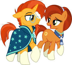 Size: 3299x3000 | Tagged: safe, artist:cloudy glow, stellar flare, sunburst, earth pony, pony, unicorn, g4, the parent map, .ai available, blaze (coat marking), cloak, clothes, coat markings, duo, duo male and female, facial markings, female, floppy ears, glasses, headband, high res, male, mare, messy mane, open mouth, raised hoof, simple background, socks (coat markings), stallion, sunburst's cloak, transparent background, vector