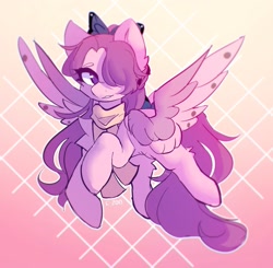 Size: 1675x1640 | Tagged: safe, artist:strawberryc208, oc, oc only, pegasus, pony, abstract background, bow, clothes, female, gradient background, hair bow, hair over one eye, looking at you, mare, pegasus oc, scarf, signature, solo, spread wings, wings